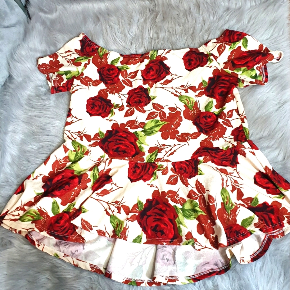 RED & WHITE Floral Peplum Off the Shoulders Shirt.